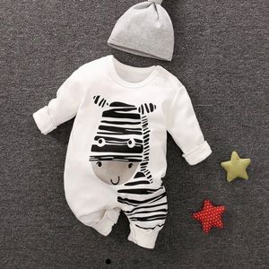 Zebra Long Sleeve Cotton Jumpsuit in White Pat Pat